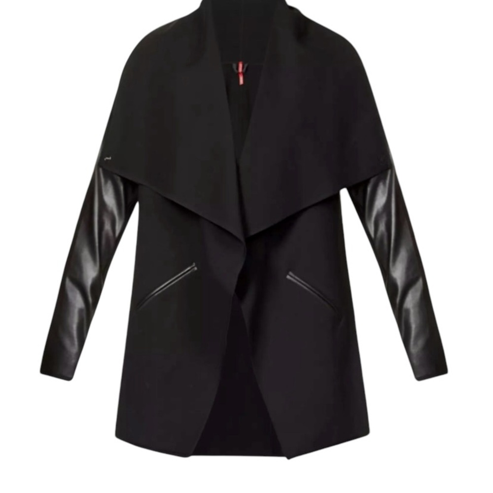 SPANX Faux Leather Convertible Wrap Jacket Leather Sleeve Draped Black